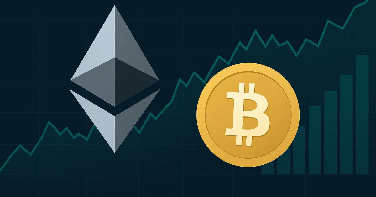 Chart showing Ethereum leading Bitcoin as total crypto market cap tops $3.2T