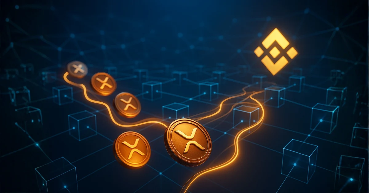 3D visualization showing $63 million XRP whale transfer to Binance through blockchain network lines.