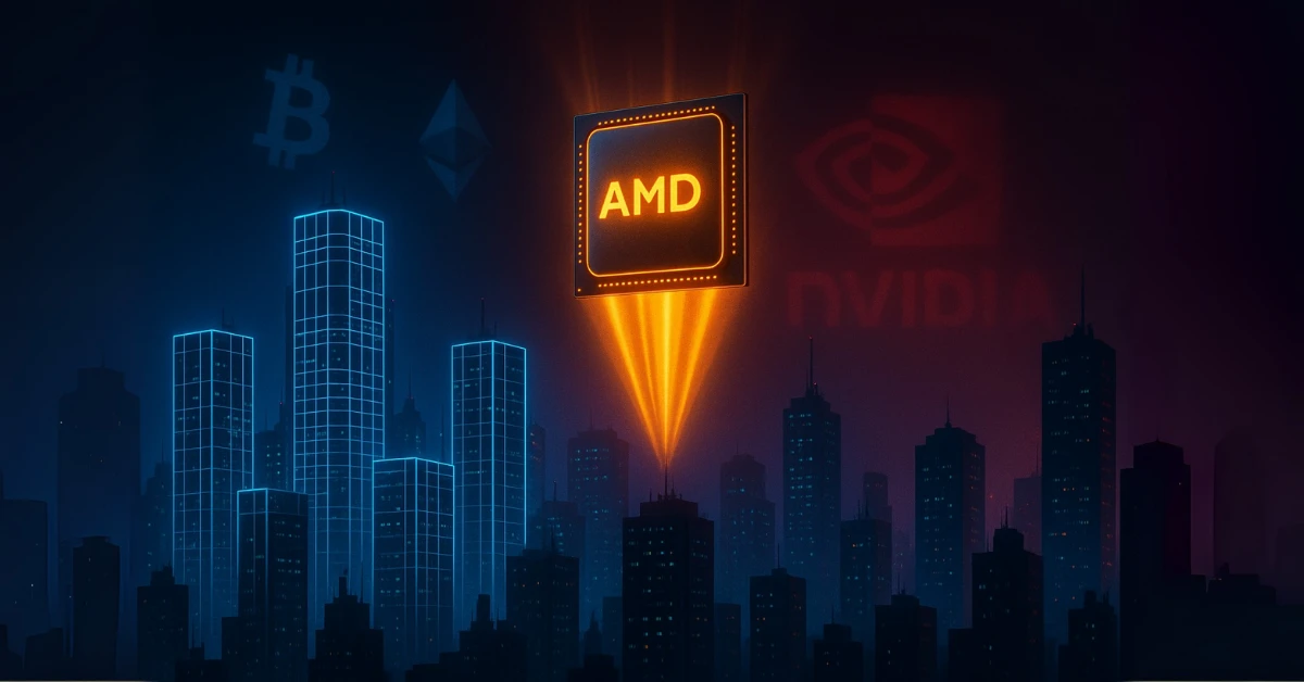 AMD OpenAI chip deal cyberpunk style with glowing AMD chip and fading Nvidia