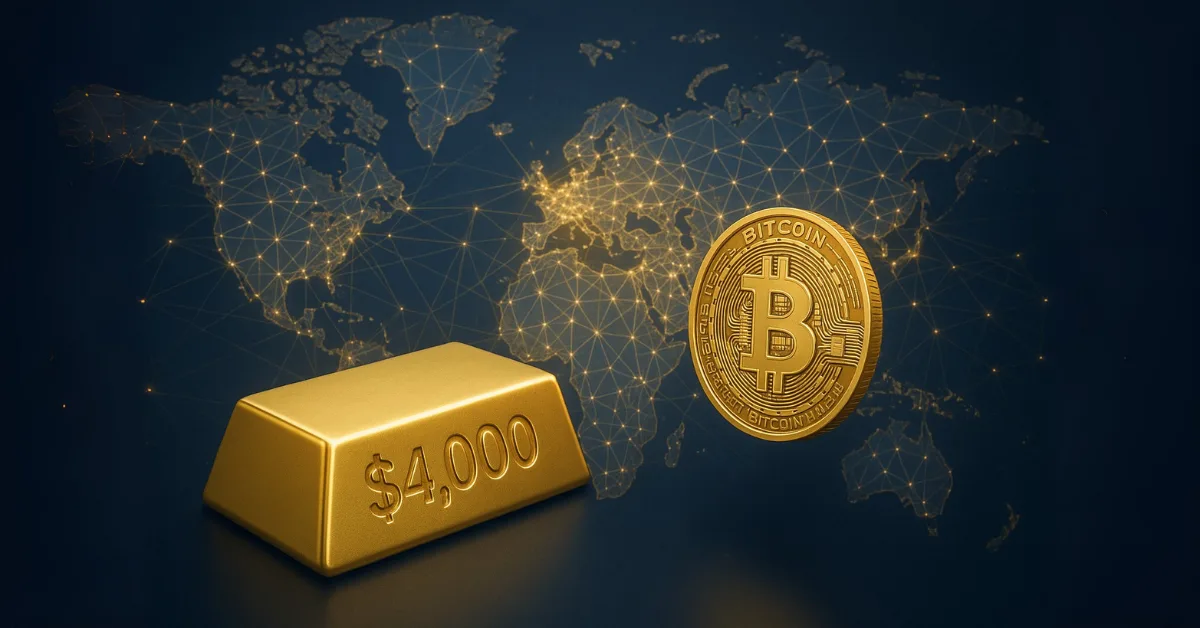 Gold $4,000 Bitcoin featured image showing gold bar and Bitcoin coin with chart background