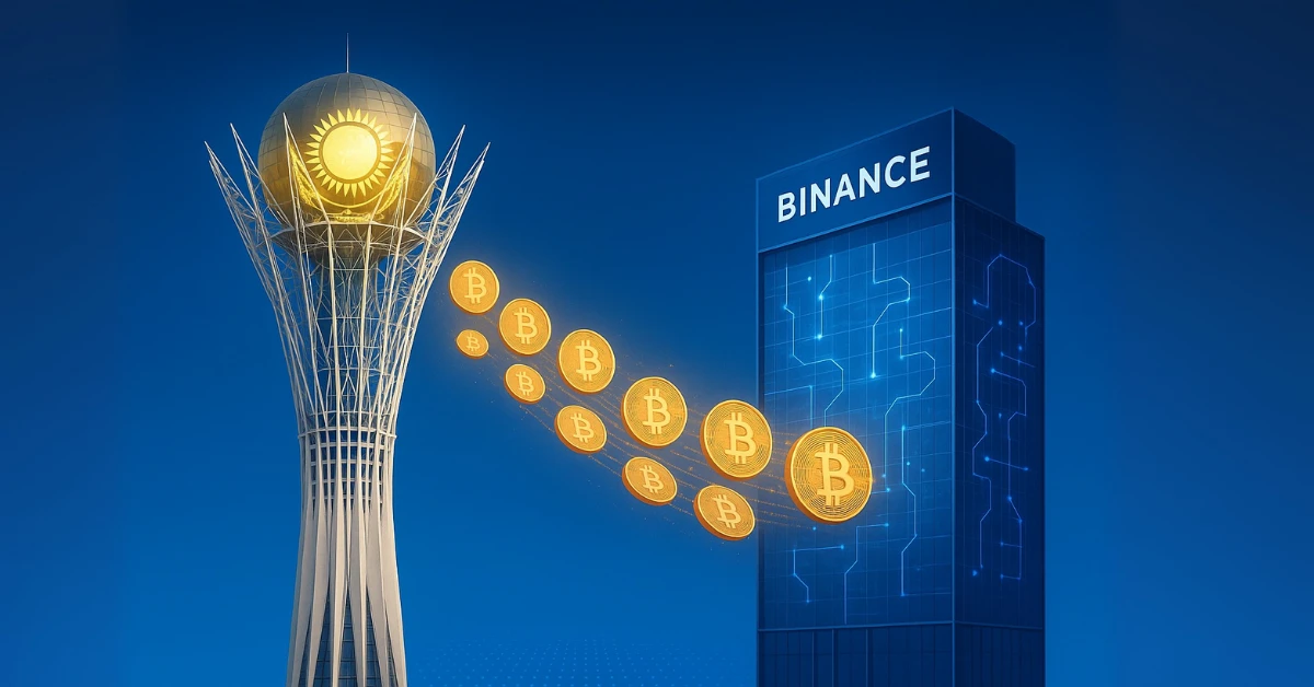 Kazakhstan crypto fund partnership with Binance illustration, Bayterek Tower and Binance hub with digital coins.
